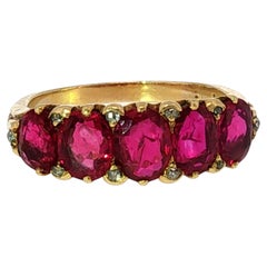 Victorian Burma No-Heat Ruby Five Stone Ring Diamond Accents 18K Yellow Gold