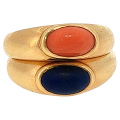 Van Cleef & Arpels Coral and Lapis Cabochon Ring Set French 18K Yellow Gold