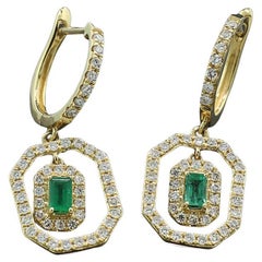 Ear Dangles Emerald and Diamond 18 Karat Yellow Gold, Movable Hoop Earrings