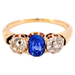 Antique Victorian 14k Gold Trilogy Ring — Natural Sapphire & Old-Cut Diamonds