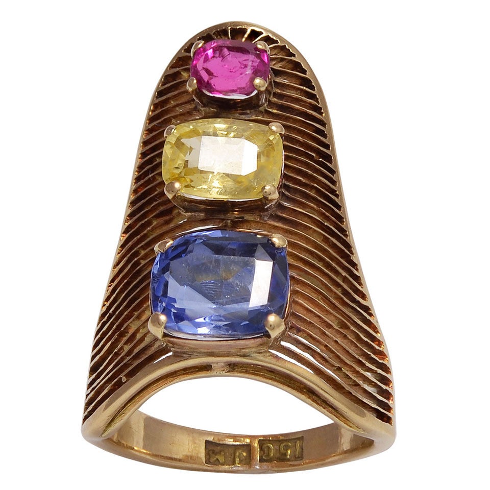 Interestingly Designed Ring Showing Three Colours of Sapphire