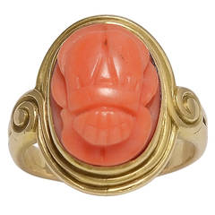 Attractive Late Victorian Carved Coral Gold Scarab Ring