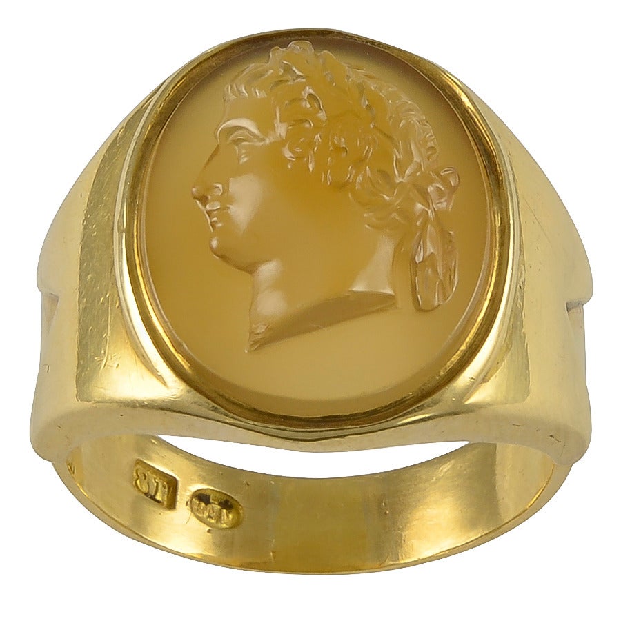 Women's or Men's A Brown Agate Cameo of Napoleon as Emperor in Later Gold Ring Mount For Sale