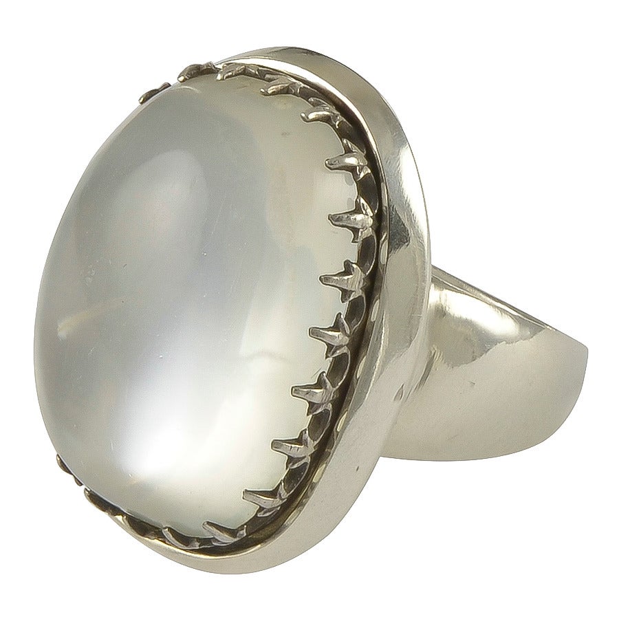 A Large Cabochon Moonstone and Silver Ring