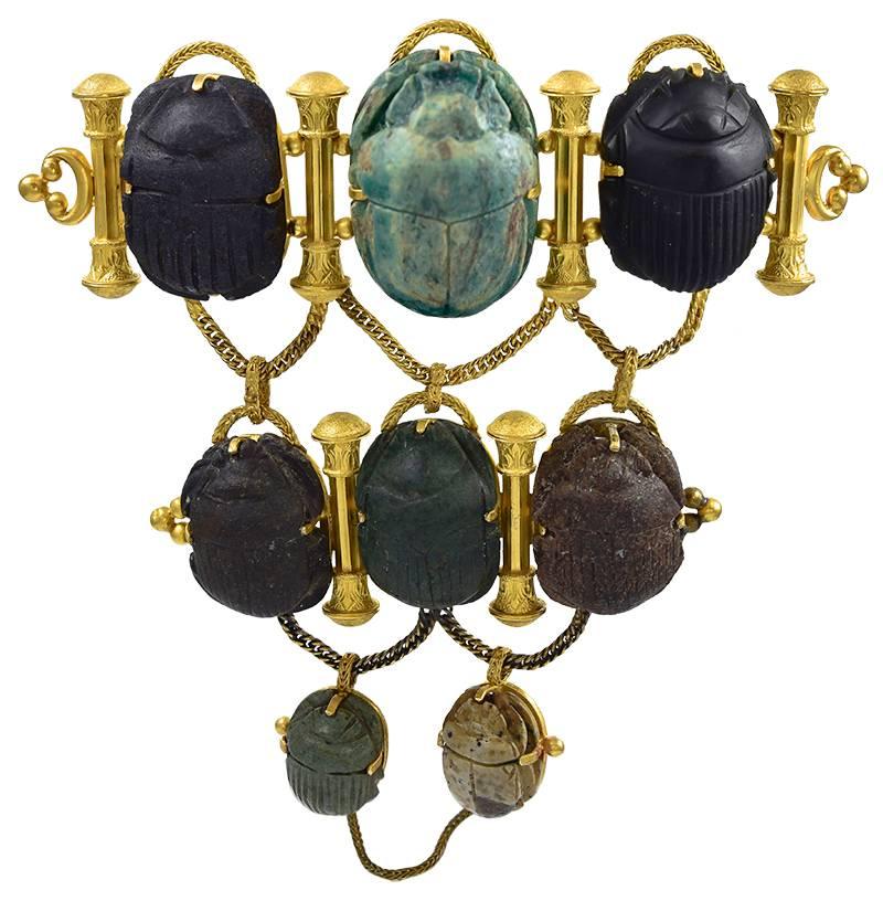 Dramatic Antique Gold and Scarab Mounted Brooch For Sale