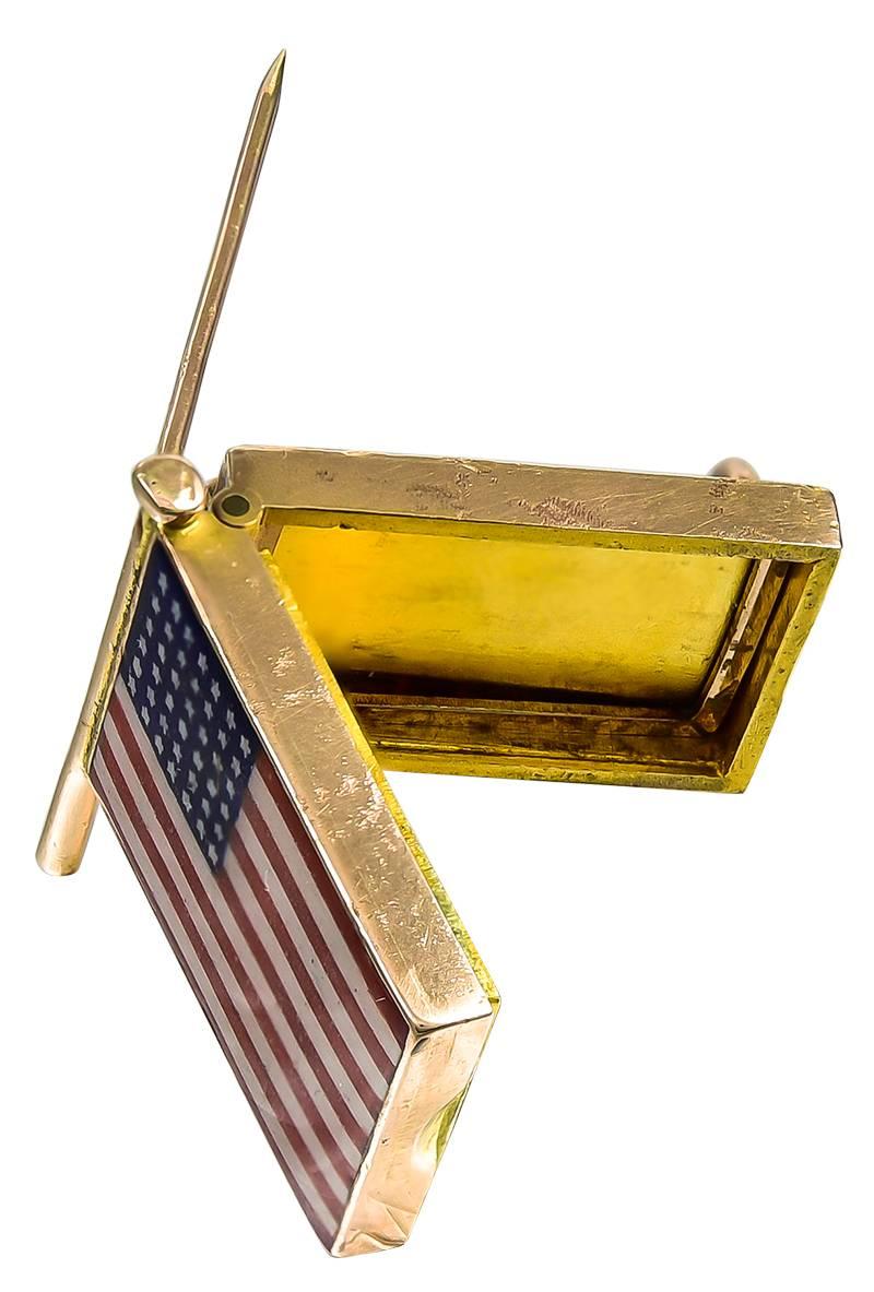 The Enamelled Flag has 42 Stars, each one representing a State and I am told that this number of States dates the Brooch to 1889. The Locket back opens to reveal 2 unglazed photo compartments and the Gold is unmarked and tests for 14k, the piece is