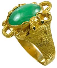 Antique  Chinese Cabochon Jade Pure Gold Dragon Ring