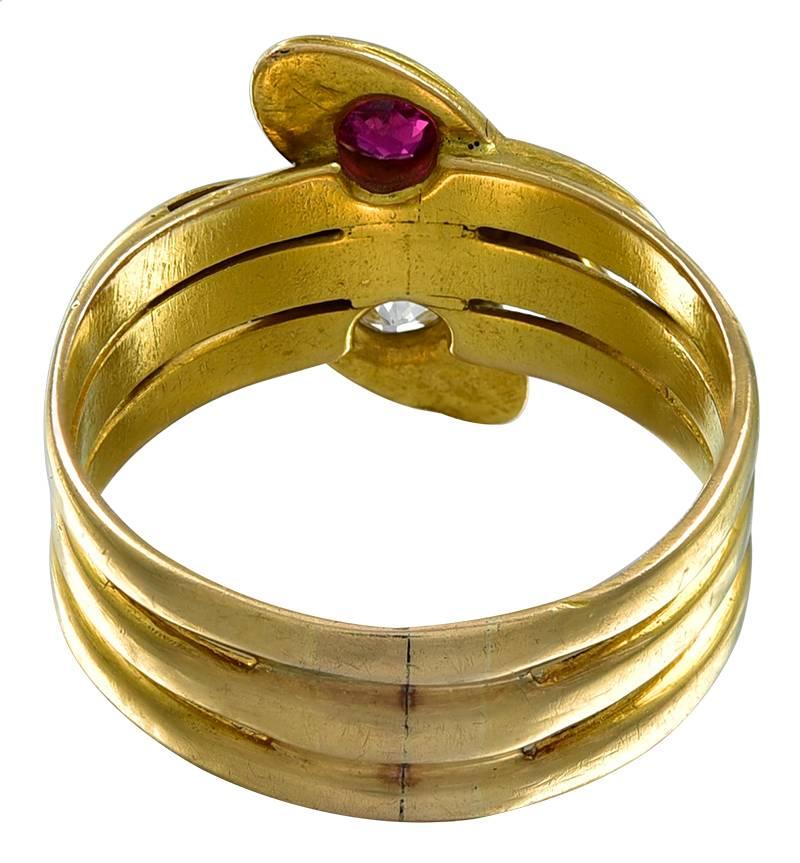 Old European Cut Antique Diamond and Ruby Double Headed Snake Ring