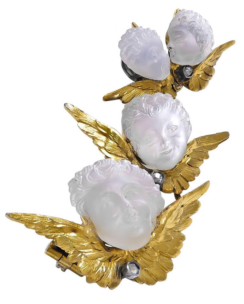 Carved Moonstone and Rose Diamond Cupid Brooch In Good Condition For Sale In London, GB