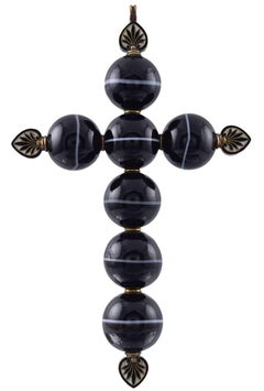 Large Victorian Banded Agate, Gold and Enamel Cross
