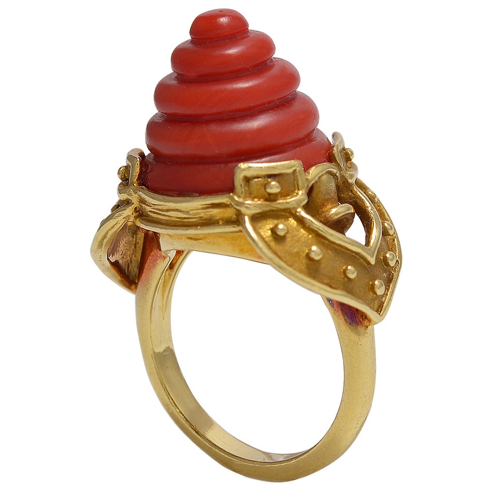 Tiffany & Co. Fine Carved Coral Gold Ring For Sale