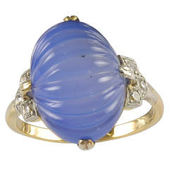 Antique An Art Deco Blue Chalcedony Diamond Gold Platinum Ring