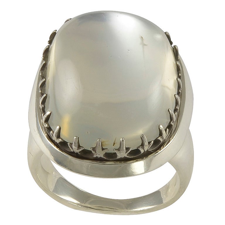 A Large Cabochon Moonstone and Silver Ring For Sale