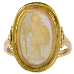 An Ancient Oval Agate Cameo Gold Ring Depicting a Greek Warrior