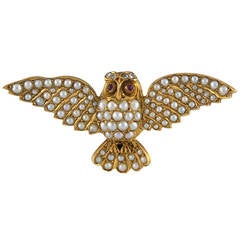 Antique A Delightful Victorian Pearl Ruby Diamond Gold Spread Winged Owl Brooch