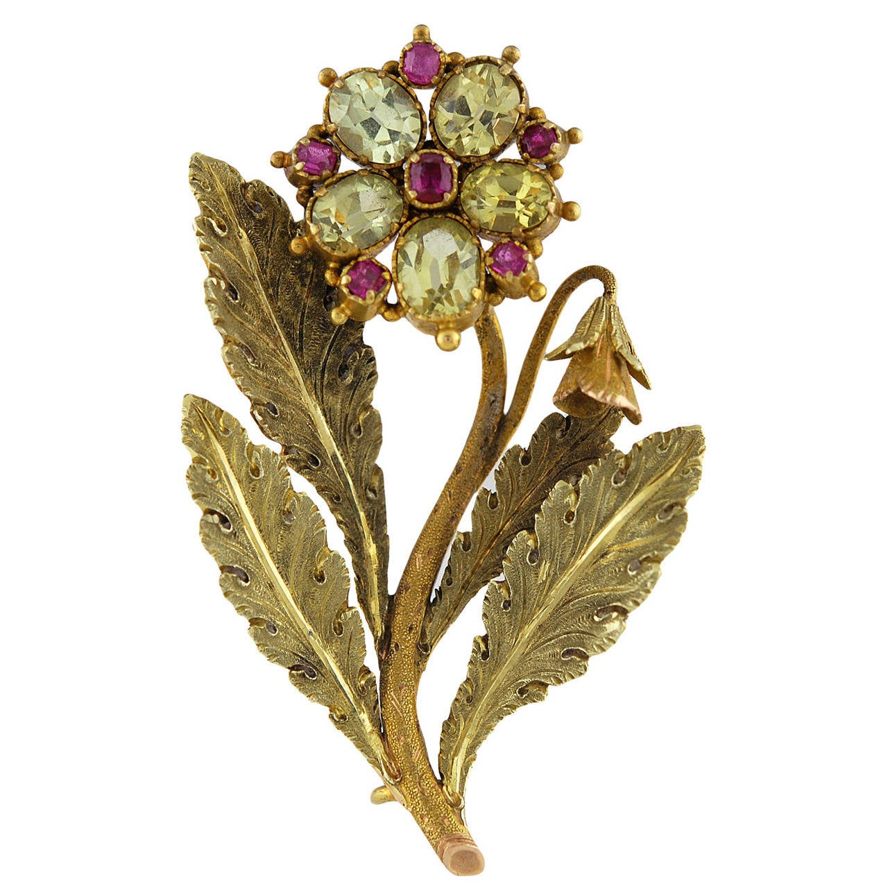 An Elegant Georgian Chrysoberyl Ruby Gold Flower Brooch For Sale