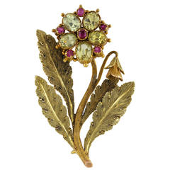 An Elegant Georgian Chrysoberyl Ruby Gold Flower Brooch
