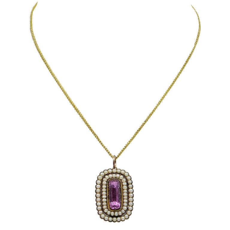 A Georgian Imperial Pink Topaz 
Pearl Pendant
