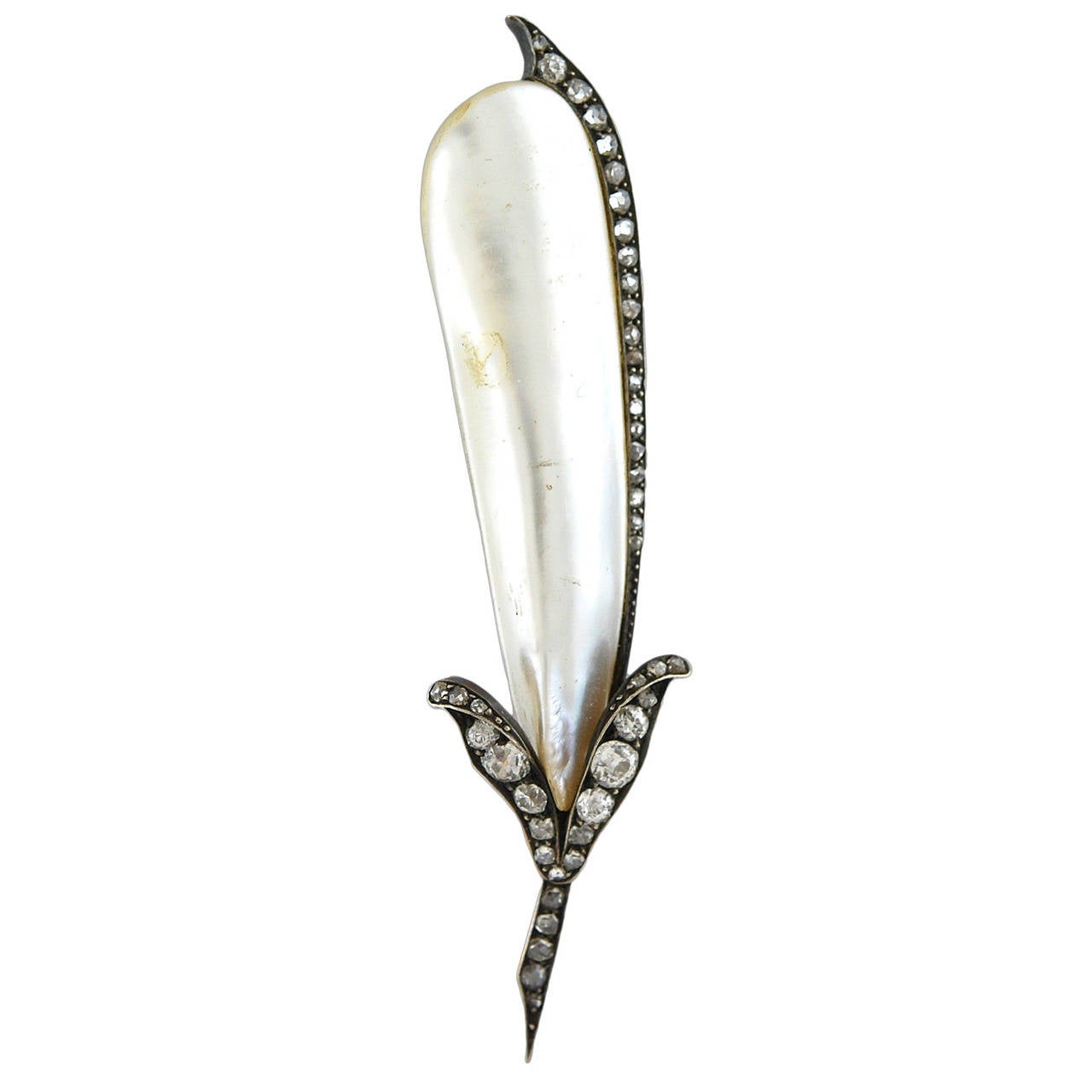 Victorian Natural Baroque Pearl Diamond Silver Gold Lily Bud Brooch For Sale