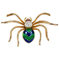 An American Enamel Ruby Diamond Spider Brooch