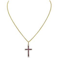 Vintage A very small Edwardian period Gold, Calibre Ruby & White Enamel Cross