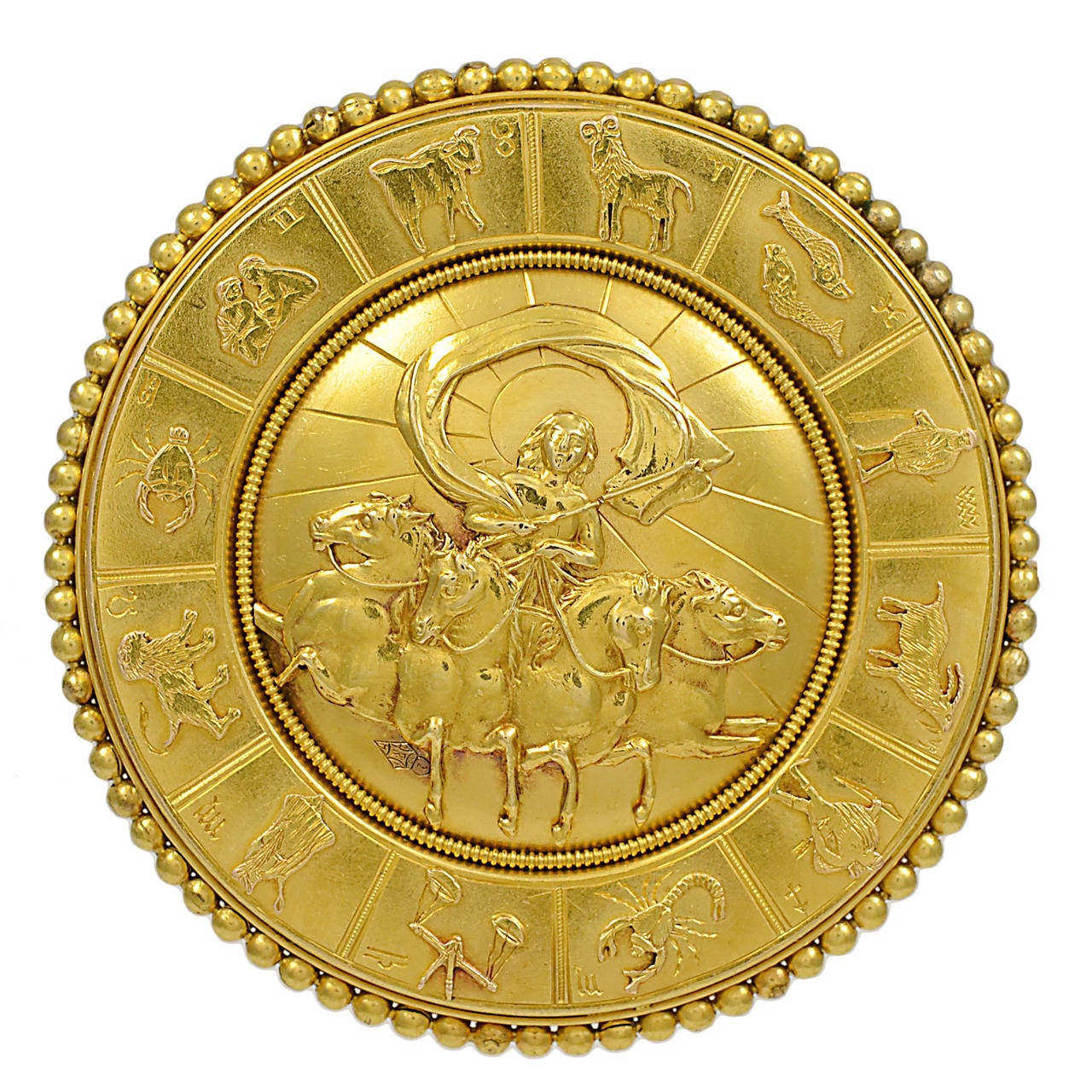 Victorian Wheel of the Twelve Zodiac Signs Gold Brooch