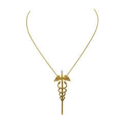 Antique Pearl Diamond Gold Caduceus Pendant
