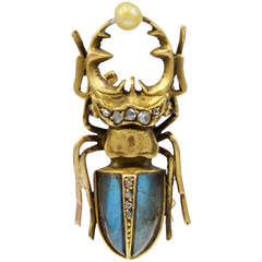 Antique A Gold, Rose Diamond & Labradorite Stag Beetle Brooch