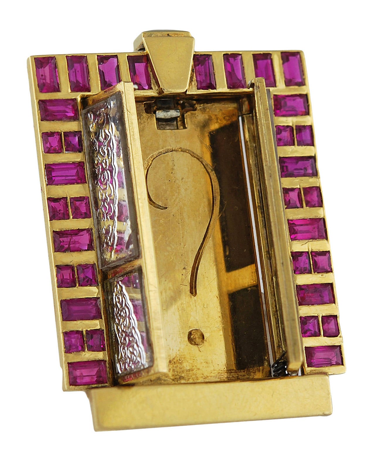 French Ruby Gold Rectangular Window Brooch