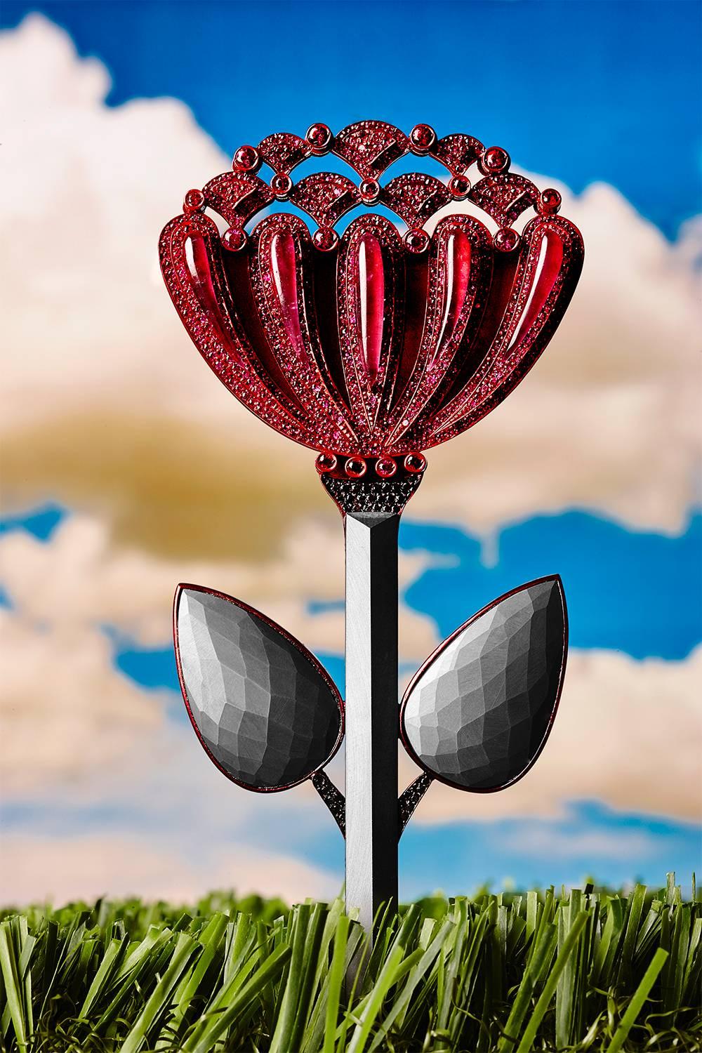Rubies, Black Diamonds, Brazilian Hematite, and Red PVD plated German Silver

second photo by Bobby Doherty