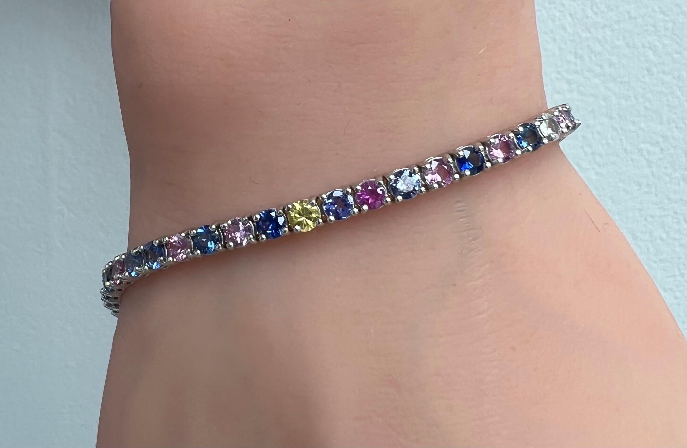 Women's or Men's Multi-Color Rainbow Natural Sapphires Tennis Bracelet in 14k White Gold For Sale