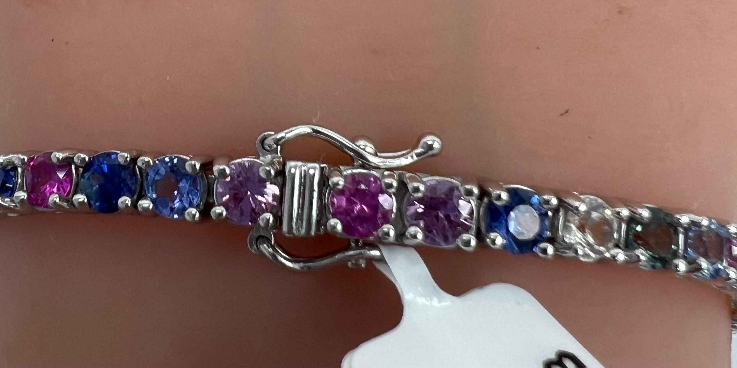 Multi-Color Rainbow Natural Sapphires Tennis Bracelet in 14k White Gold For Sale 1