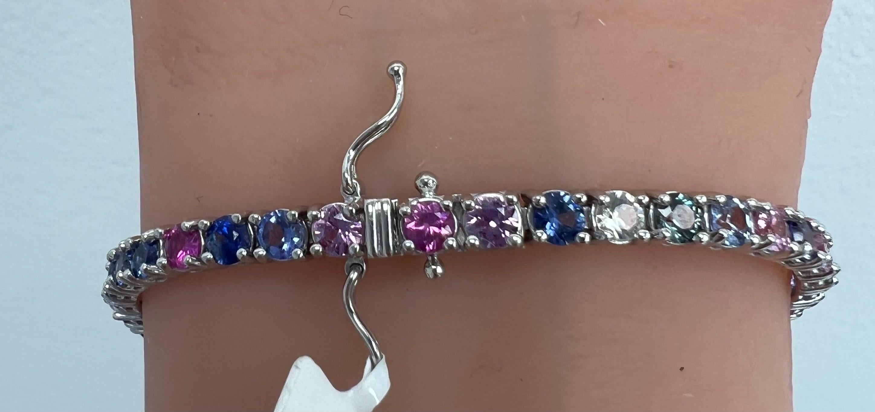 Multi-Color Rainbow Natural Sapphires Tennis Bracelet in 14k White Gold For Sale 2