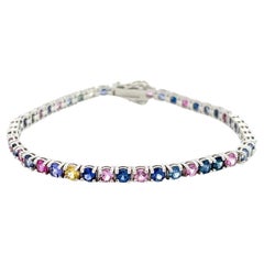 Multi-Color Rainbow Natural Sapphires Tennis Bracelet in 14k White Gold