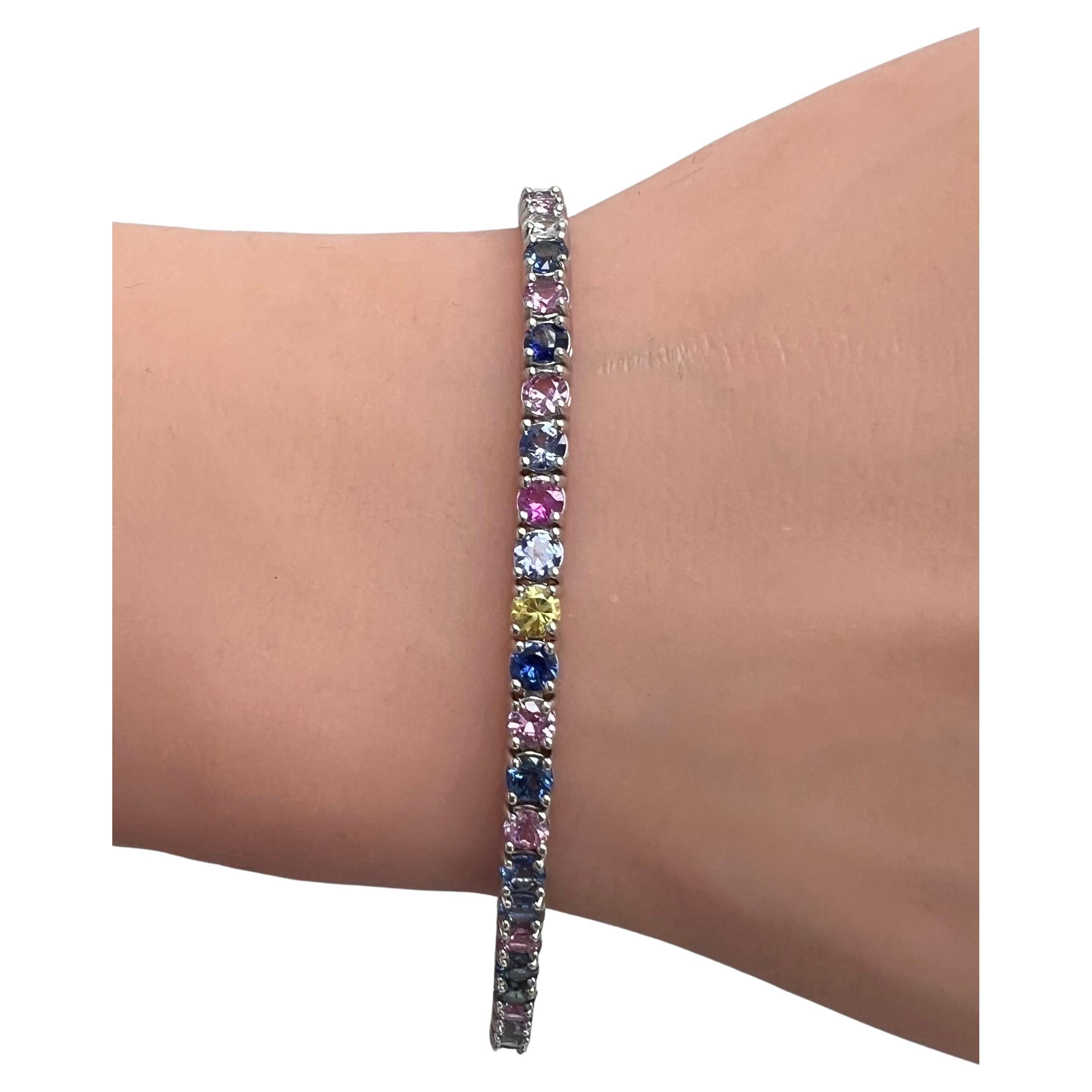 Multi-Color Rainbow Natural Sapphires Tennis Bracelet in 14k White Gold For Sale