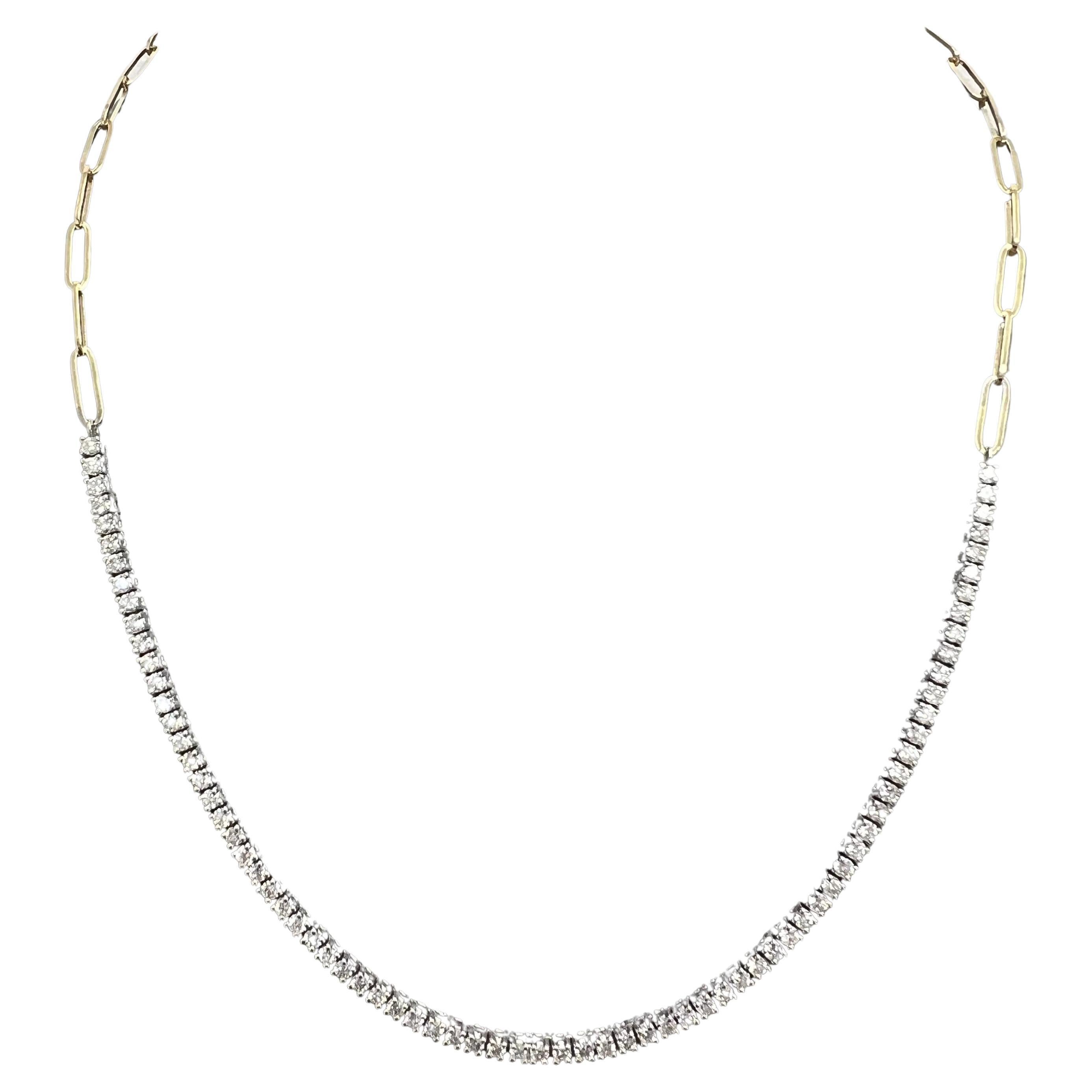 Half-Way Paper-Clip Chain & Half-Way Diamond Tennis Necklace, 14k Two-Tone, Hot For Sale