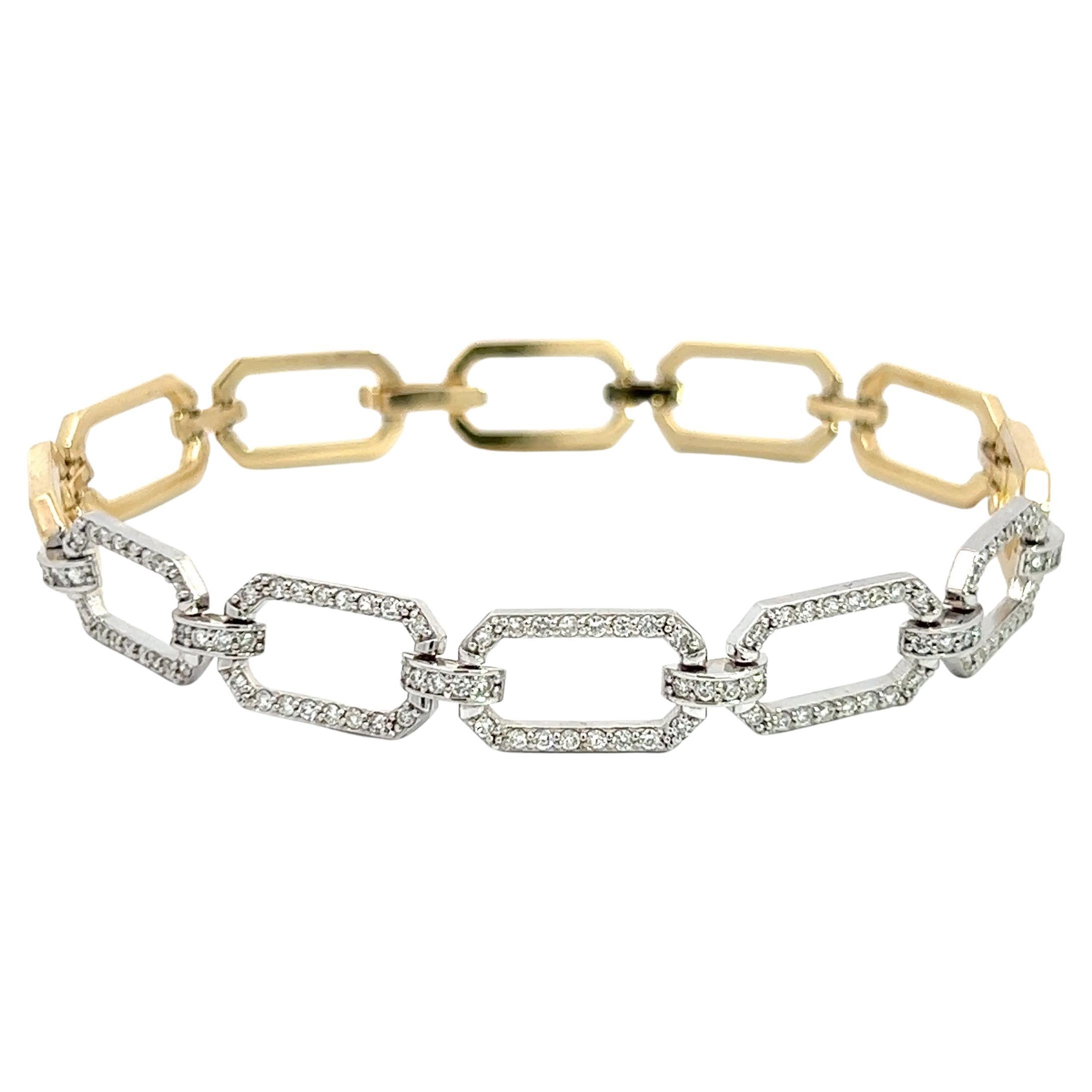 14k White & Yellow Gold Paper Clip Bracelet with 0.90 Carat of Natural Diamonds For Sale