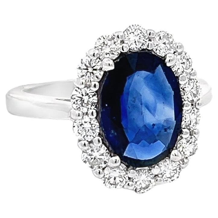 Natural Blue Sapphire Diamond Ring in 18k White Gold - Lady D Style For Sale