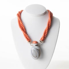 Antique Gray Agate Snuff Bottle Pendant On A Three Strand Coral Bead Necklace, 1850's