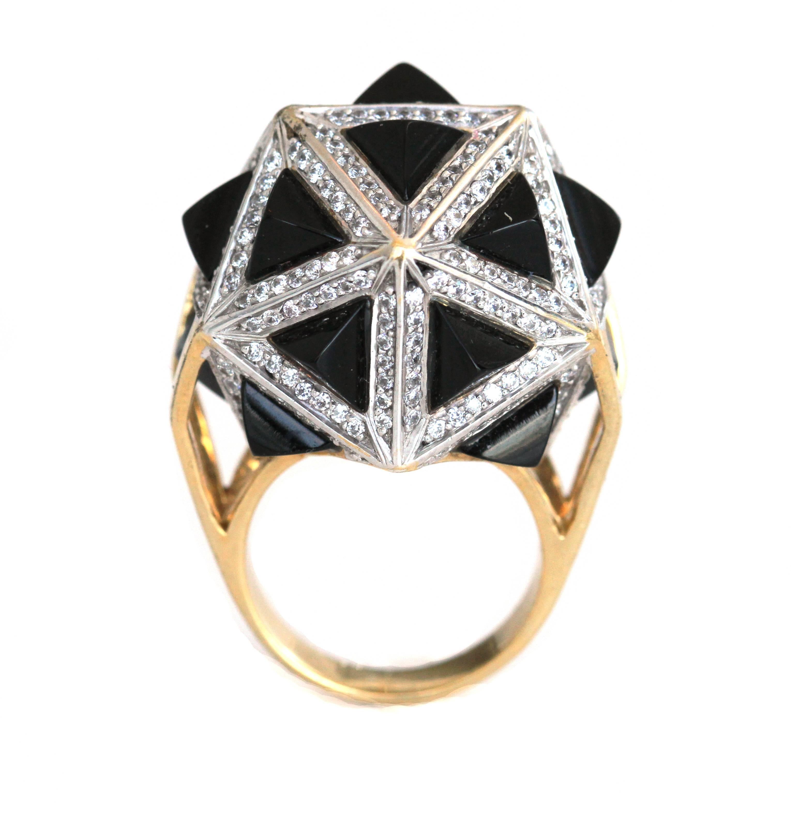 John Brevard One of a Kind White Diamond Black Sapphire Pyramids Gold Ring For Sale 6