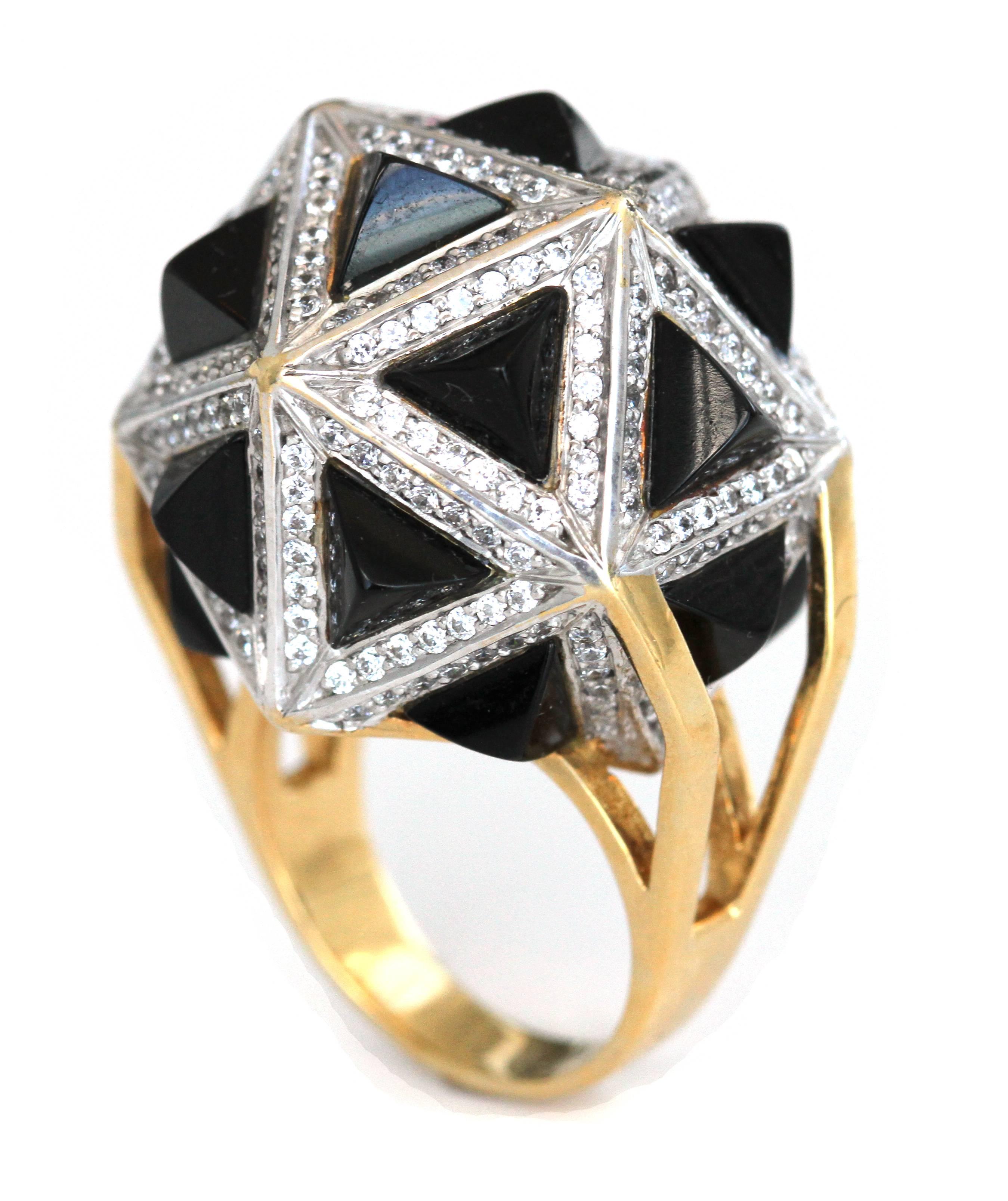 John Brevard One of a Kind White Diamond Black Sapphire Pyramids Gold Ring For Sale 4
