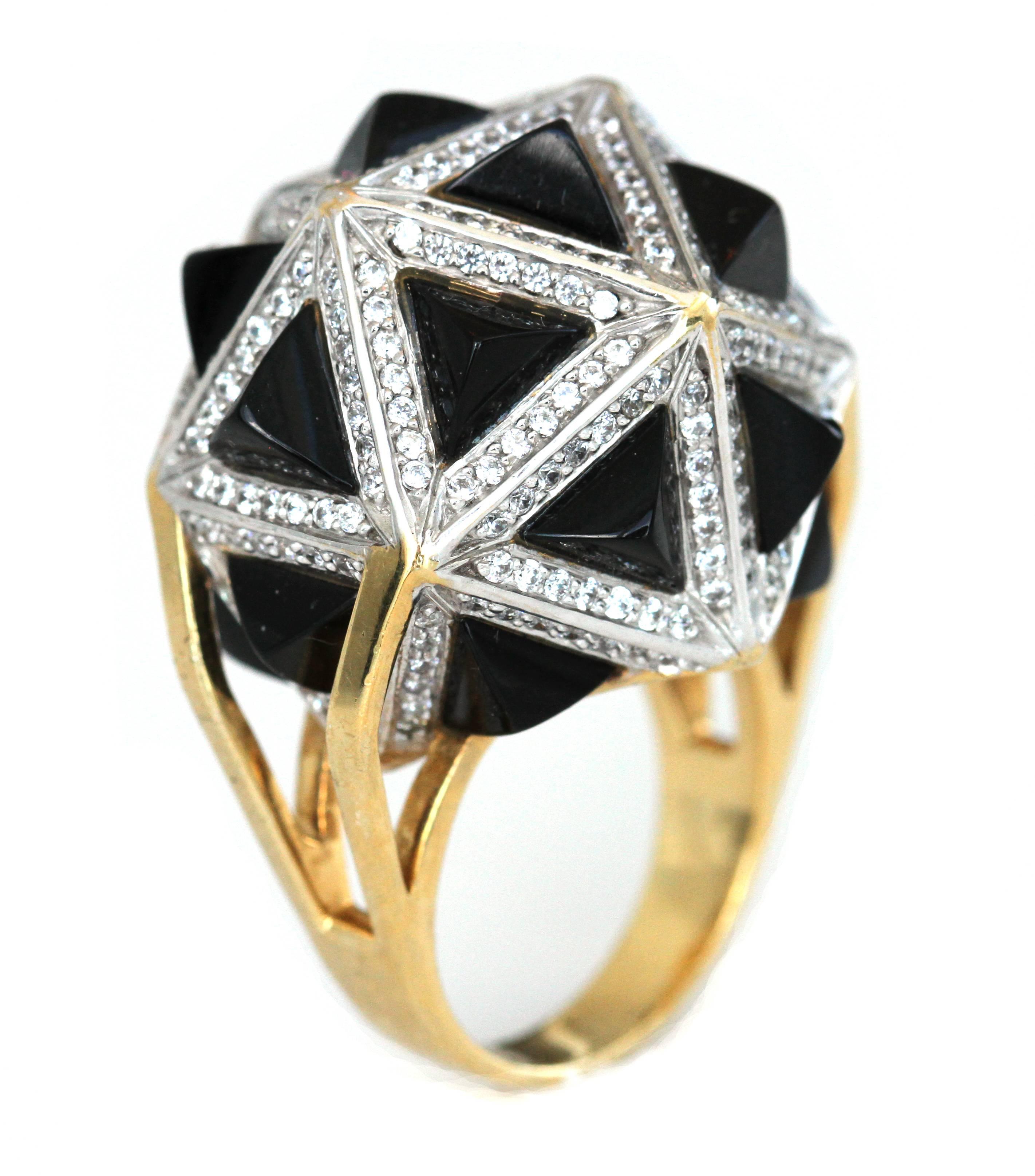 Modern John Brevard One of a Kind White Diamond Black Sapphire Pyramids Gold Ring For Sale