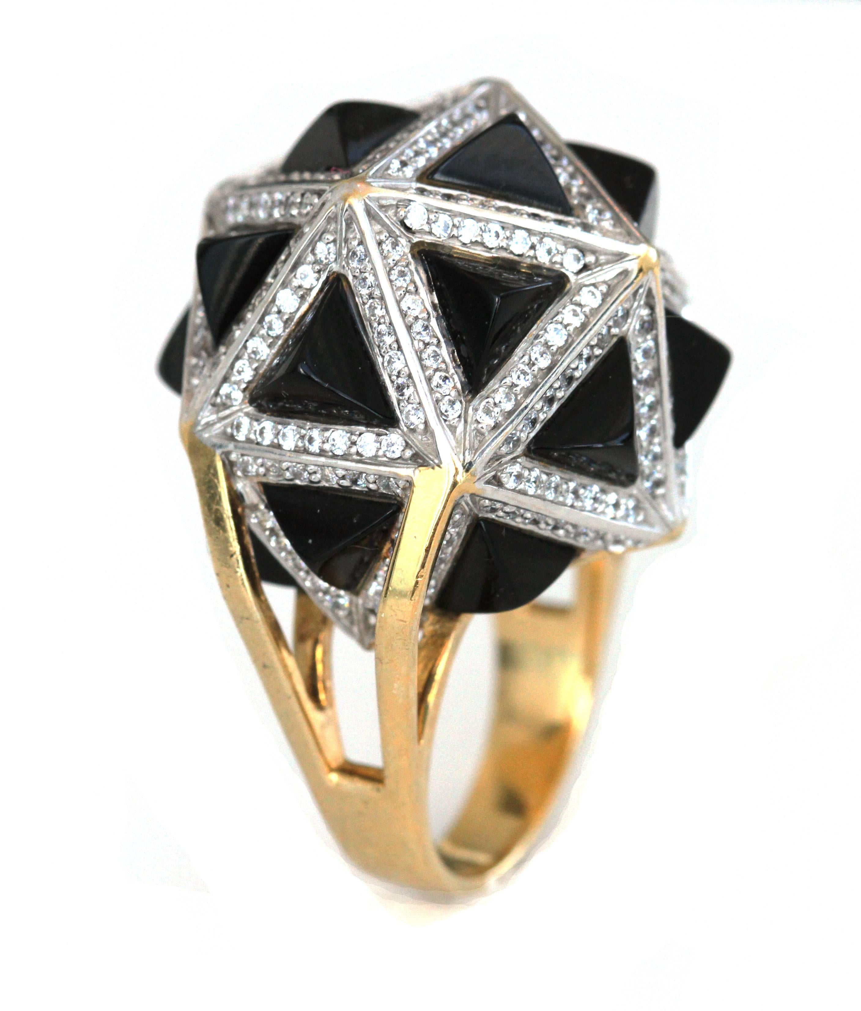 John Brevard One of a Kind White Diamond Black Sapphire Pyramids Gold Ring For Sale 5