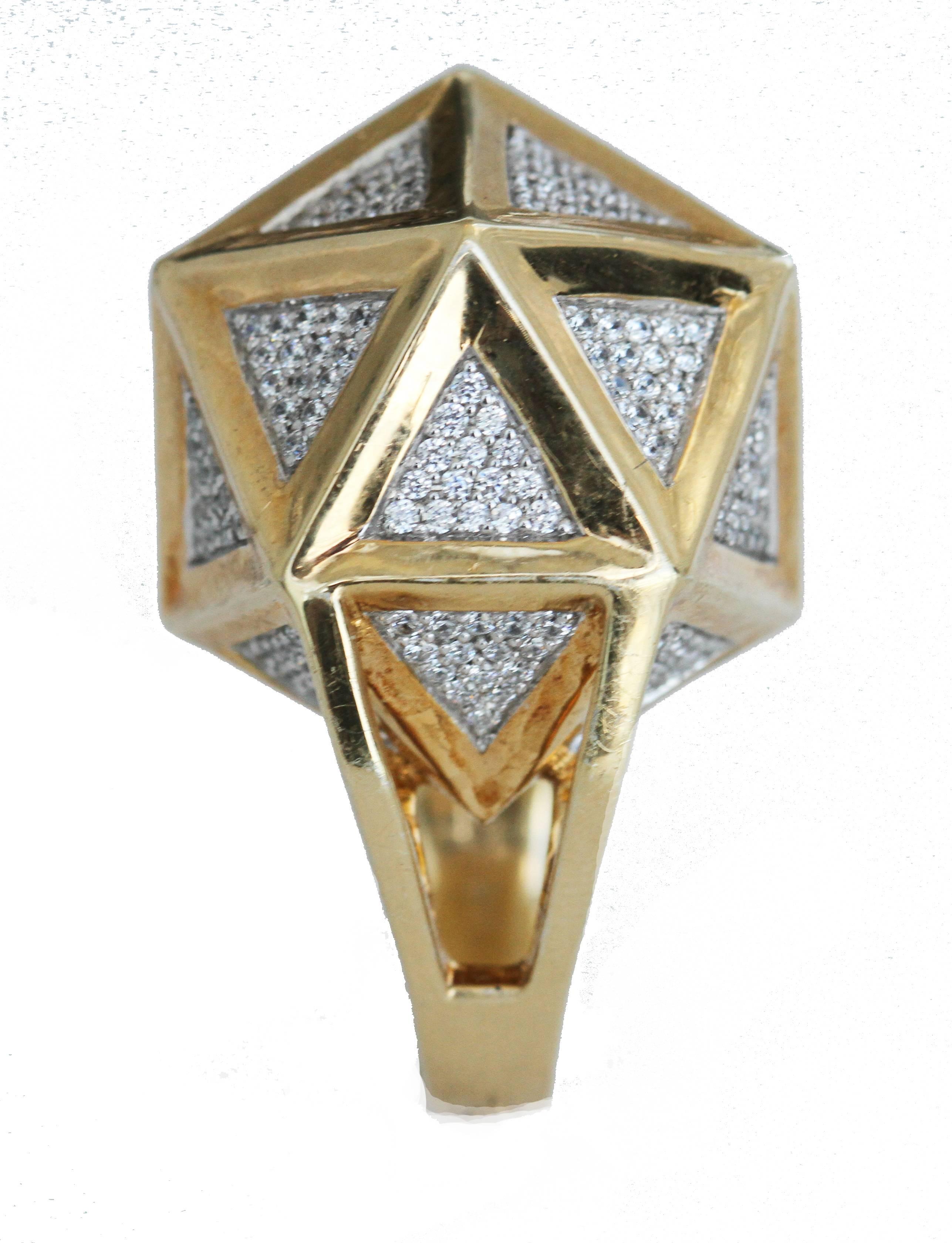 One of a Kind Large Icoso White Diamonds 18K Gold Ring For Sale 1