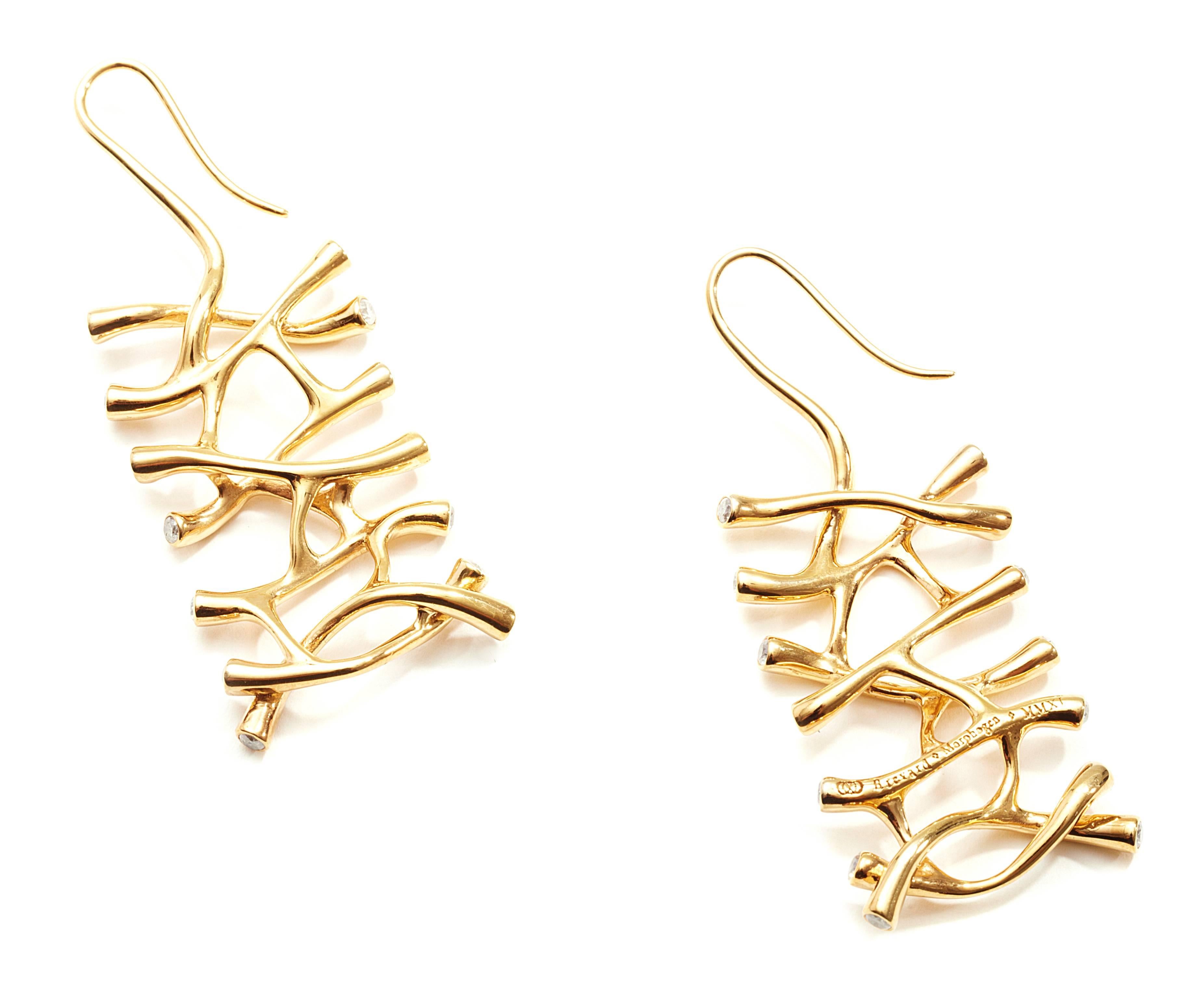 Modern Web Diamond Gold Dangle Earrings For Sale