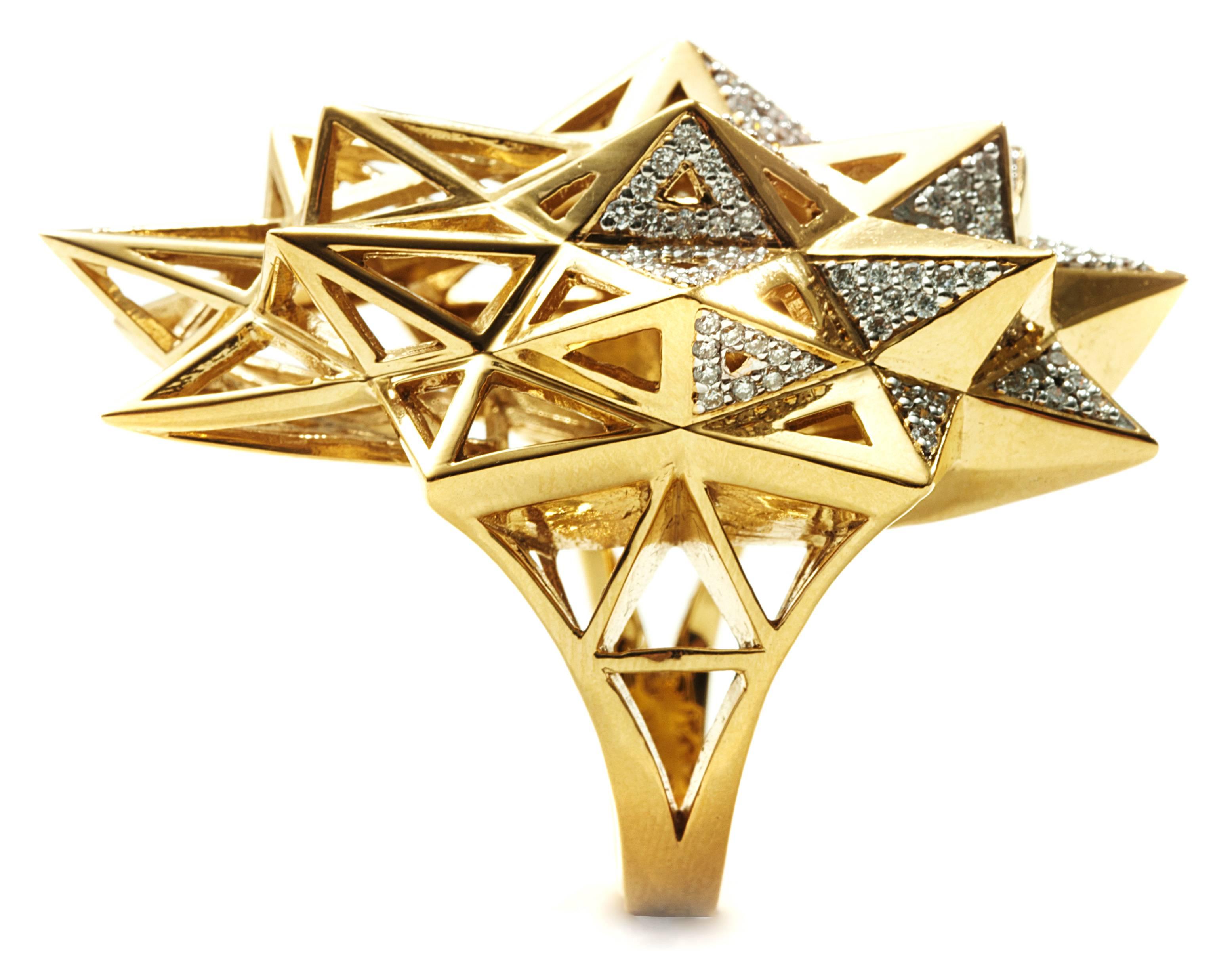 This limited edition piece is inspired by sacred geometries and patterns in nature.  These sculptural star tetrahedron earrings are from the John Brevard Verahedra series. The interlocking hedral geometries of the Verahedra series are reminiscent of