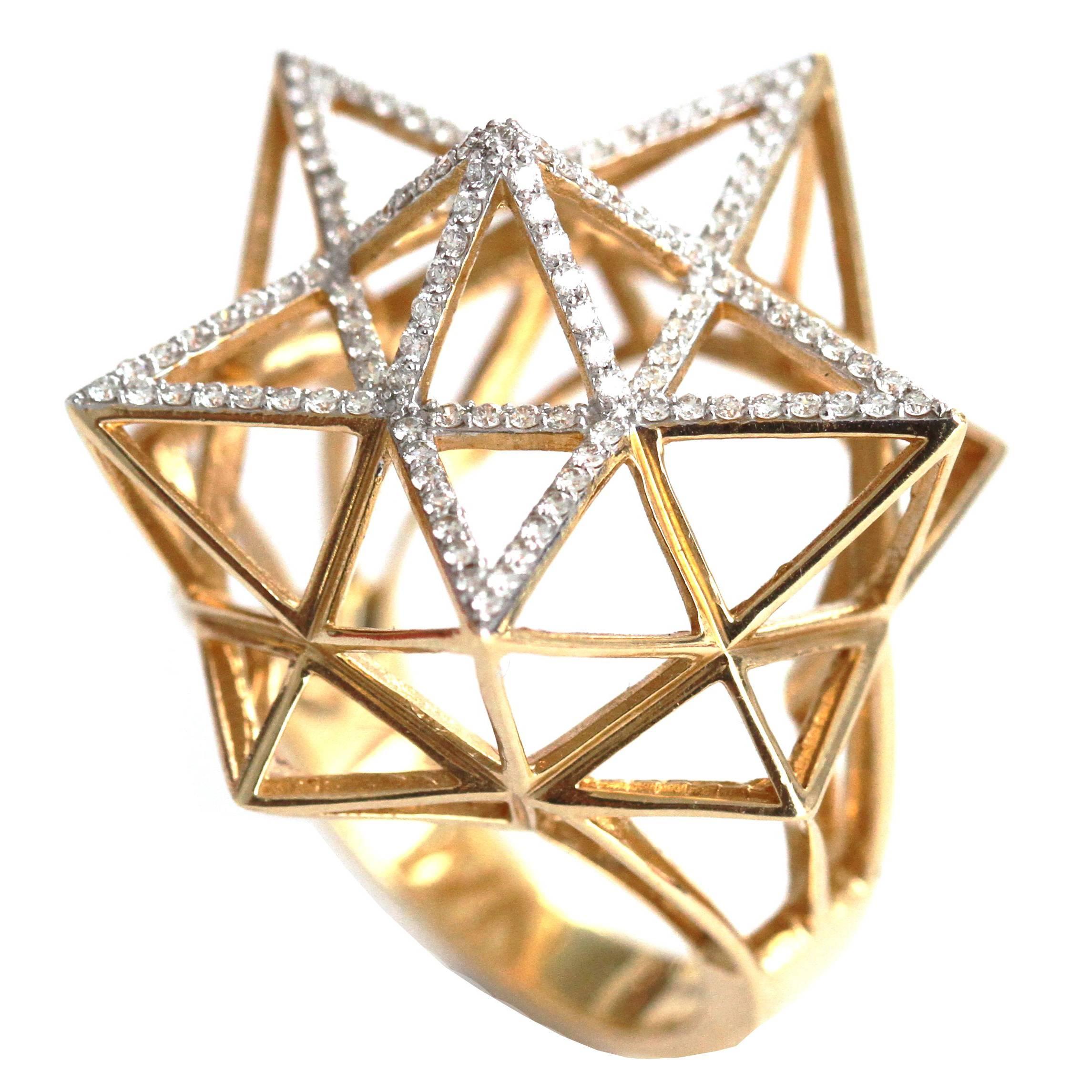Framework Star Partial Diamond Pave Gold Ring