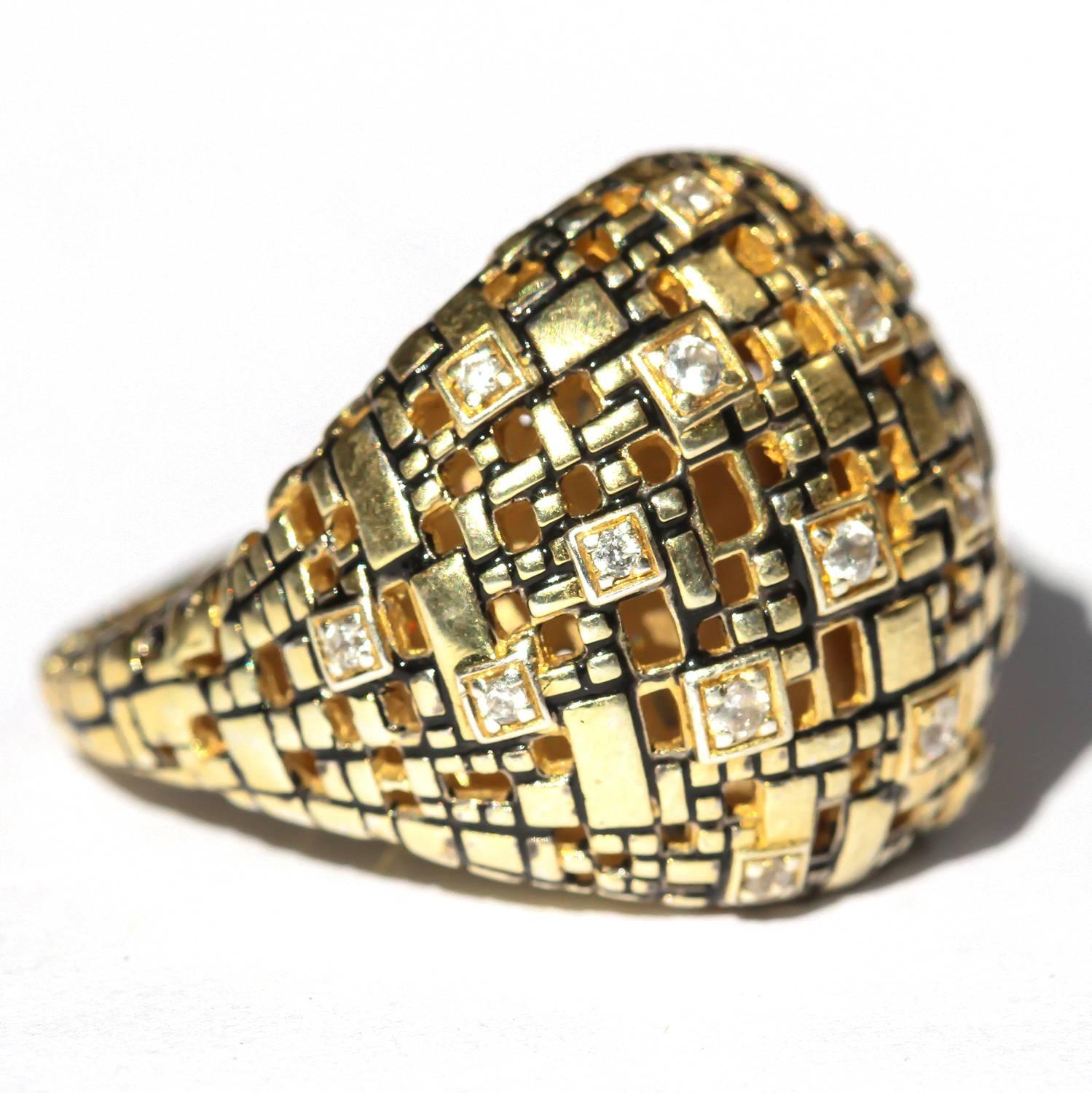 Modern Bitcoin Blockchain Dome 18K Gold and Diamond Ring