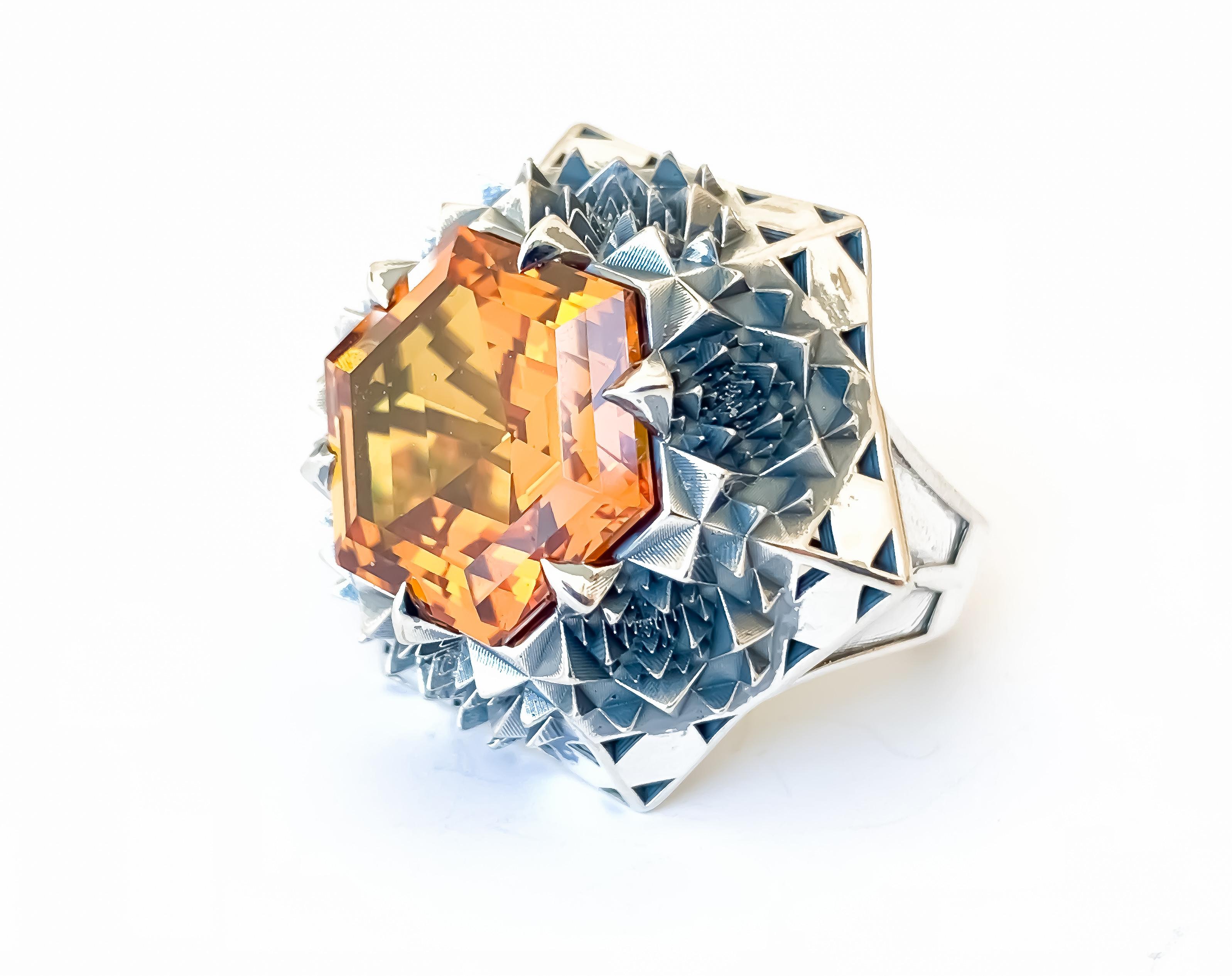 Silver Fractal Citrine Sun Ring In New Condition In Coral Gables, FL