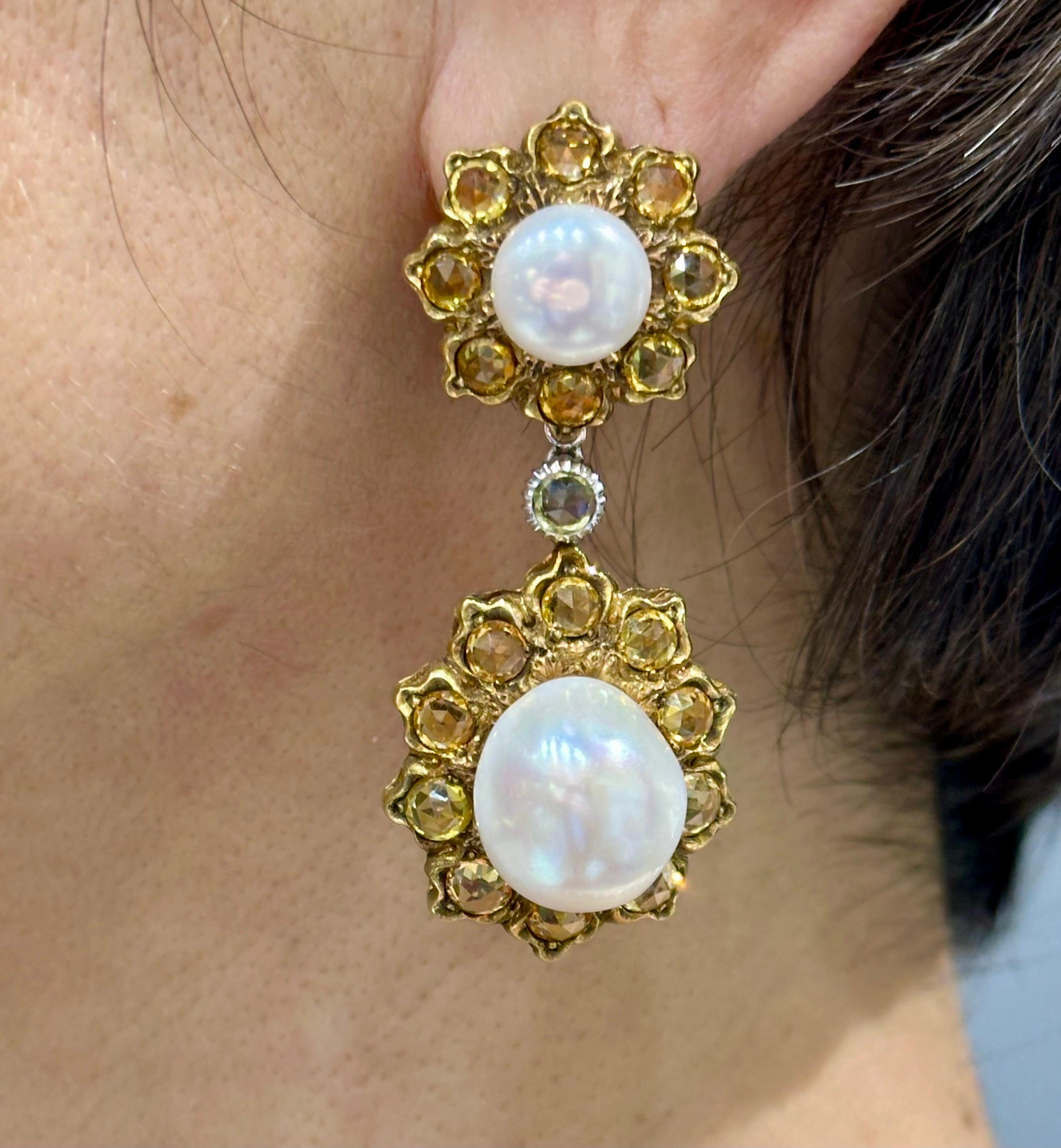 Women's or Men's Buccellati 1980s pearl and yellow sapphire earrings